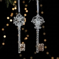 Clear acrylic Christmas key ornaments with gold glitter accents and white ribbons - Keys Pair