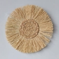 Round bohemian woven straw wall decor with natural fringe accents on a white wall - Radial Tassel Wall Hanging (10cm)