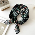Black floral square scarf with green leaves in a stylish knot on a white background - 55cm / Orange Leaf Black