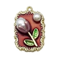 French vintage enamel tulip pendant with baroque pearls and gold lattice frame - Red Square Pearl Flower Leaf-22109