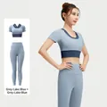Tweeledige yoga-set voor dames met kort shirt en high-waisted legging in grijsblauw - S / Boven- En Onderstuk / Grijs Meer Blauw + Grijs Meer Blauw