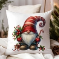White Christmas gnome pillow case with red striped hat and holly berries ornament - CDR381-8