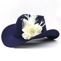 Detailed close-up of dark blue wool fedora with white fabric flower and feather ornaments - 06 Navy Blue / XL (60cm) Adjustable