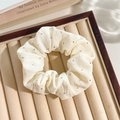 White floral lace scrunchie with silver beads on a beige velvet tray accessory - Studded Cream