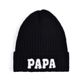 Berretto in maglia nera con ricamo PAPA bianco e risvolto classico invernale - Nero-Stile PAPA