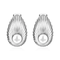 Elegant 18K silver-plated stainless steel shell-shaped earrings with white pearl inlay - Oval Striped Steel Earrings with White Faux Pearls (MS-492)