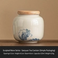 Mini ceramic tea canister with embossed sea waves and wooden lid, 233ml storage jar - Hand Painted Relief Sea Wave - Jar