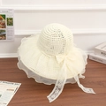Beige wide brim straw sun hat with large lace bow detail for beach vacation - New Flower Lace Style - Creamy White