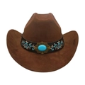 Dark brown suede cowboy hat featuring a black band with blue floral embroidery and turquoise - Coffee (Floral Embroidery Band)