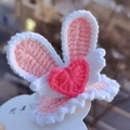 Handmade crochet bunny ear hair clip in white and pink yarn with heart detail - Angel Pink White Rabbit Ears (Heart)