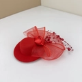 Elegant red fascinator hat with mesh bow and rose flower detail for women and girls - Red With Built-in Clip