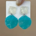 Detail view of resin geometric earrings with white textured square and marble blue charm - Irregular Geometric Patchwork Style / White-Blue (925 Silver Pin)