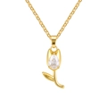 Golden tulip pendant necklace with shell flower and teardrop gemstone on cable chain - White Tulip (PNB-223GW)