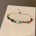 Detailed macro view of colorful multi-shape zirconia stones and silver adjustable chain - 20# Bracelet - Multicolor - White Heart