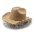 Khaki western cowboyhoed met luxe strass franjes en druppelvormige edelstenen - M (56-59cm) / camel