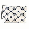 Pochette trucco geometrica color crema con motivi floreali blu e cinturino da polso - Stile Petalo Geometrico Bianco Sporco (xy-016-01) / Con Cinturino