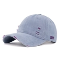 Light blue distressed denim baseball cap with purple 1999 embroidery and ripped details - Color 11 (Light Blue Purple 1999)