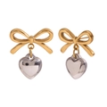 Minimalist 18K gold plated stainless steel bow and heart stud earrings in two-tone finish - Gold and Silver