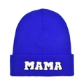Royal blue winter knit beanie hat for women featuring a white plush MAMA embroidery patch - Adult Style(MAMA) / Sky Blue