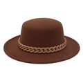 Classic coffee brown wool boater hat with a khaki resin chain link accent for women - Coffee With Natural Acrylic Chain
