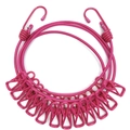 Portable rose red elastic clothesline with twelve windproof clips and metal hooks - Rose Red