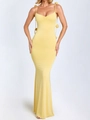 Yellow backless slip maxi dress with 3D floral straps and elegant mermaid silhouette - S / Yellow