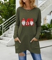 Detail of Christmas gnomes print on long sleeve olive green t-shirt with front pockets - S / Tops / Army Green