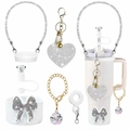 Detail of glittery heart keychain, diamond straw cap and hand rope for Stanley cups - White Glitter Chain Set