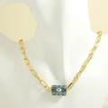 Detail of chunky gold chain necklace with blue and white enamel evil eye pendant charm - Blue Rectangle Evil Eye(NE2045-B-2)
