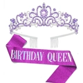 Purple birthday decoration set with rhinestone crown and Birthday Queen sash - One Size / Light Violet Set