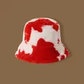 Winter faux fur fisherman hat with red and white cow print for warm outdoor styling - M (56-58cm) / Cow Print Bucket Hat Red