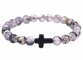 Elastic beaded bracelet with white cracked agate stones and a black matte cross charm - Grey Agate + Black Cross