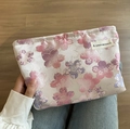 Floral jacquard travel cosmetic bag in beige with pink and purple flower patterns - Pink Purple Cherry Blossom