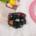 Chic black mesh scrunchie featuring vibrant colorful pom-pom balls inside for a fresh look - Black with Colorful Pom-poms