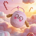 Macro detail of pink plush pendant with round glasses embroidery on 3D dreamlike clouds - Marshmallow with Glasses-Pink / Approx. 8cm