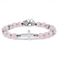 Pink stone beaded bracelet with stainless steel cross charm and adjustable lobster clasp - Rose Quartz-B