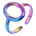 Close-up of rainbow gradient stainless steel open ring with round cutout design - Rainbow