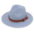 Detail view of woven light blue Panama hat featuring a brown leather strap and metal rivets - Sky Blue