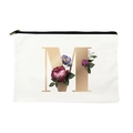 White canvas makeup bag with black zipper and floral gold letter M printed on it - Letter M
