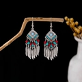 Bohemian silver earrings with red and blue beads and delicate feather pendants - Silver + Rhombus + Feather Tassel (E5811-3/Color)