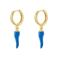 Detailed macro view of gold-plated hoop earrings with vibrant blue chili charms and enamel finish - Blue