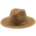 Bohemian woven straw hat in natural brown with gold band and frayed tassel edges - M (56-58cm) / 02 Style (Light Brown Fringe)