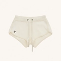 Detail view of cream running shorts with drawstring waist and black cross flower logo - S / Cream