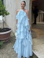 Close-up of light blue halter dress with layered ruffles and 3D floral neckline detail - S / Maxi Skirt / Blue