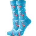 Blue cotton crew socks featuring pink flamingo patterns and colorful tropical leaves - Size 35-42 / Blue Flamingo