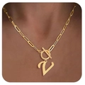 Golden paperclip chain necklace with a toggle clasp and a letter V pendant on neck - Letter V