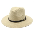Elegant beige woven straw Fedora hat with black leather band and gold buckle detail - M (56-58cm) / Beige