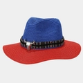 Chapeau de cowboy en paille style ethnique avec contraste rouge bleu et tête de taureau - Bleu et bord rouge