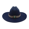 Navy blue wool western cowboy hat with ethnic band and turquoise stone accessory - Large Brim Oval Blue Stone / Navy Blue