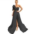 Elegant black one-shoulder evening gown with large bow and high slit floor-length skirt - Black